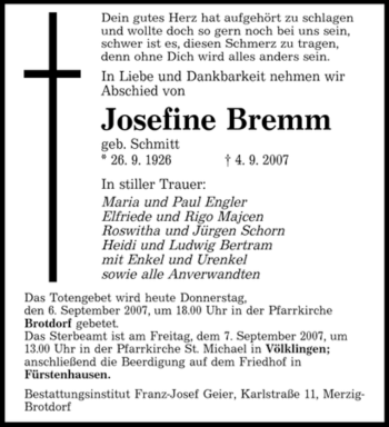 Todesanzeige von Josefine Bremm von SAARLAND WEST