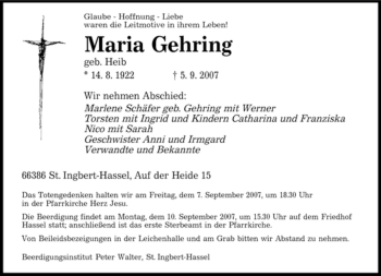 Todesanzeige von Maria Gehring von SAARLAND OST