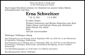 Todesanzeige von Erna Schweitzer von STADTVERBAND SAARBRÜCKEN