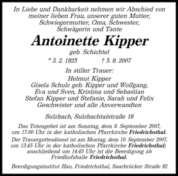 Todesanzeige von Antoinette Kipper von STADTVERBAND SAARBRÜCKEN