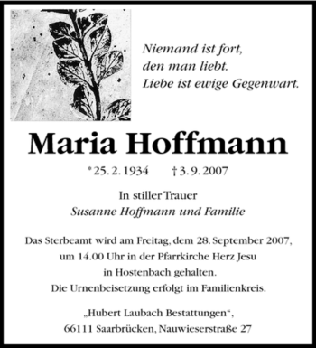 Todesanzeige von Maria Hoffmann von STADTVERBAND SAARBRÜCKEN