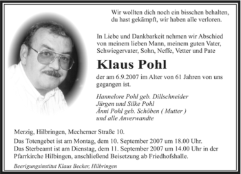Todesanzeige von Klaus Pohl von SAARLAND WEST