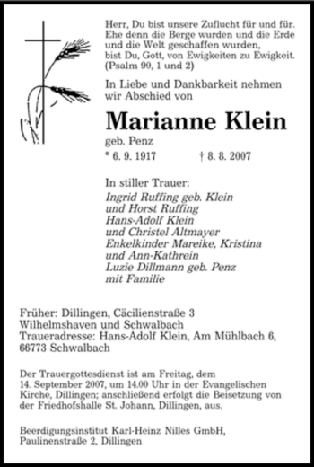 Todesanzeige von Marianne Klein von SAARLAND WEST