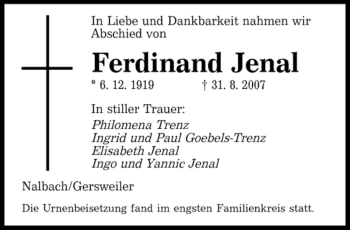 Todesanzeige von Ferdinand Jenal von SAARLAND WEST