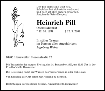 Todesanzeige von Heinrich Pill von STADTVERBAND SAARBRÜCKEN