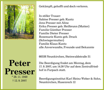 Todesanzeige von Peter Presser von SAARLAND OST