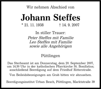 Todesanzeige von Johann Steffes von STADTVERBAND SAARBRÜCKEN