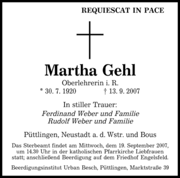 Todesanzeige von Martha Gehl von STADTVERBAND SAARBRÜCKEN