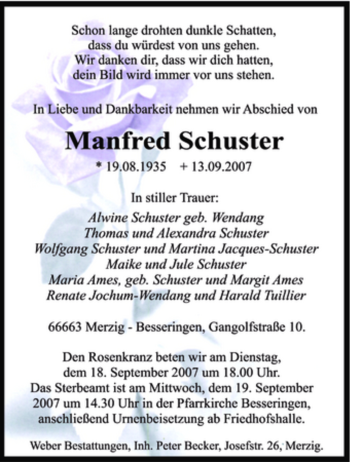 Todesanzeige von Manfred Schuster von SAARBRÜCKER ZEITUNG