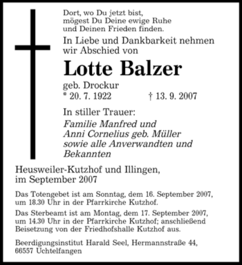 Todesanzeige von Lotte Balzer von SAARBRÜCKER ZEITUNG