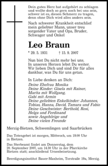 Todesanzeige von Leo Braun von SAARBRÜCKER ZEITUNG