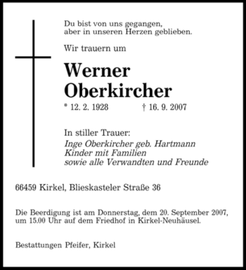 Todesanzeige von Werner Oberkircher von SAARBRÜCKER ZEITUNG