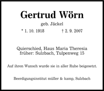 Todesanzeige von Gertrud Wörn von SAARBRÜCKER ZEITUNG