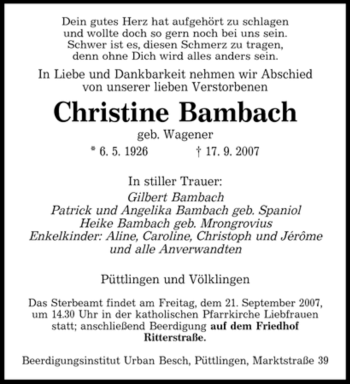 Todesanzeige von Christine Bambach von SAARBRÜCKER ZEITUNG