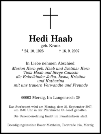Todesanzeige von Hedi Haab von SAARBRÜCKER ZEITUNG