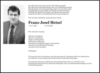 Todesanzeige von Heisel Franz-Josef von SAARBRÜCKER ZEITUNG