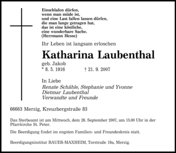 Todesanzeige von Katharina Laubenthal von SAARBRÜCKER ZEITUNG