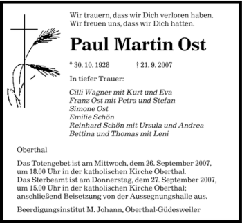 Todesanzeige von Paul Martin Ost von SAARBRÜCKER ZEITUNG