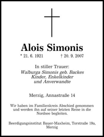 Todesanzeige von Alois Simonis von SAARBRÜCKER ZEITUNG