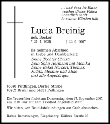 Todesanzeige von Lucia Breinig von SAARBRÜCKER ZEITUNG
