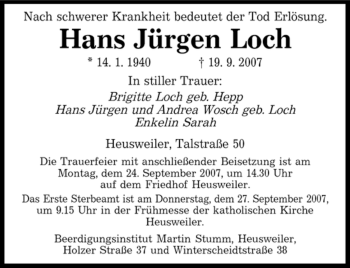 Todesanzeige von Hans Jürgen Loch von SAARBRÜCKER ZEITUNG