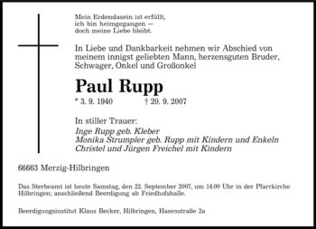 Todesanzeige von Paul Rupp von SAARBRÜCKER ZEITUNG