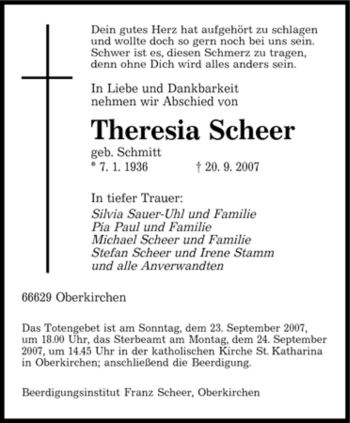 Todesanzeige von Theresia Scheer von SAARBRÜCKER ZEITUNG