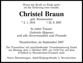 Todesanzeige von Christel Braun von SAARBRÜCKER ZEITUNG
