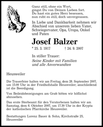 Todesanzeige von Josef Balzer von SAARBRÜCKER ZEITUNG