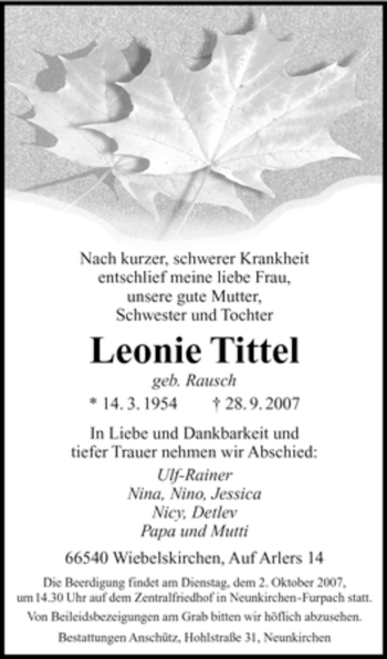 Todesanzeige von Leonie Tittel von SAARBRÜCKER ZEITUNG