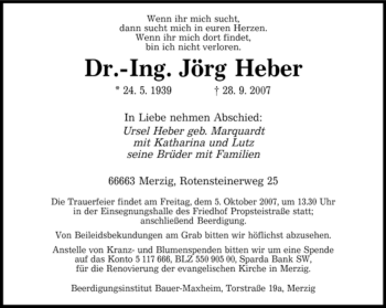 Todesanzeige von Heber Jörg von SAARBRÜCKER ZEITUNG