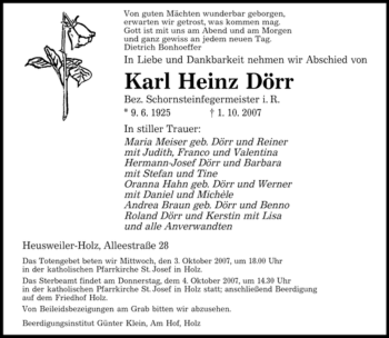 Todesanzeige von Karl Heinz Dörr von SAARBRÜCKER ZEITUNG