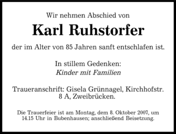 Todesanzeige von Karl Ruhstorfer von SAARBRÜCKER ZEITUNG