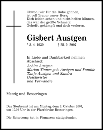 Todesanzeige von Gisbert Austgen von SAARBRÜCKER ZEITUNG
