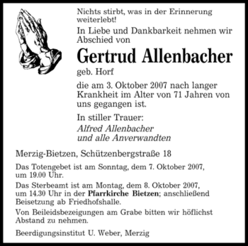 Todesanzeige von Gertrud Allenbacher von SAARBRÜCKER ZEITUNG