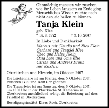 Todesanzeige von Tanja Klein von SAARBRÜCKER ZEITUNG