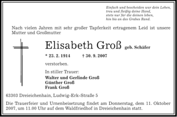Todesanzeige von Elisabeth Groß 