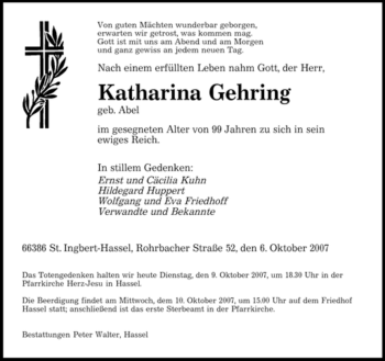 Todesanzeige von Katharina Gehring von SAARBRÜCKER ZEITUNG