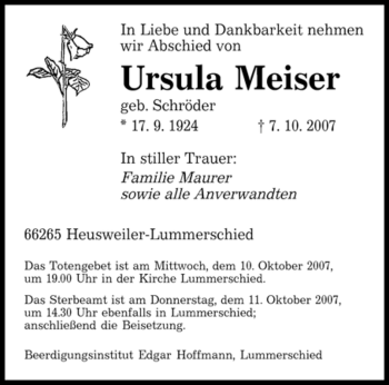 Todesanzeige von Ursula Meiser von SAARBRÜCKER ZEITUNG