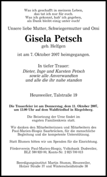 Todesanzeige von Gisela Petsch von SAARBRÜCKER ZEITUNG