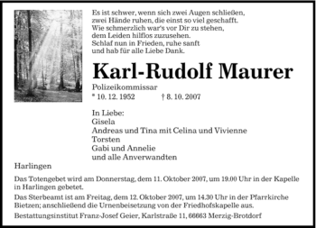 Todesanzeige von Karl-Rudolf Maurer von SAARBRÜCKER ZEITUNG
