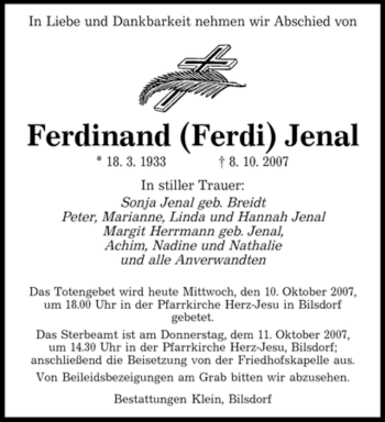 Todesanzeige von Ferdinand Jenal von SAARBRÜCKER ZEITUNG