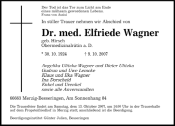 Todesanzeige von Elfriede Wagner von SAARBRÜCKER ZEITUNG