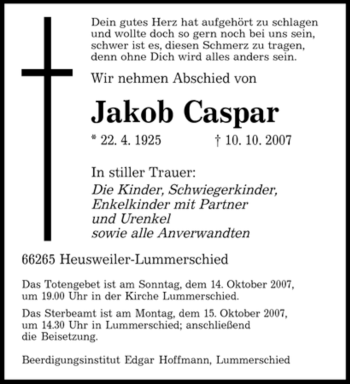 Todesanzeige von Jakob Caspar von SAARBRÜCKER ZEITUNG