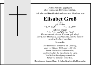 Todesanzeige von Elisabeth Groß von SAARBRÜCKER ZEITUNG