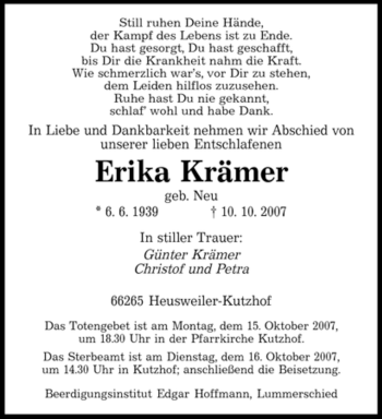 Todesanzeige von Erika Krämer von SAARBRÜCKER ZEITUNG