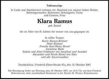 Todesanzeige von Klara Ramus von SAARBRÜCKER ZEITUNG