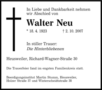 Todesanzeige von Walter Neu von SAARBRÜCKER ZEITUNG