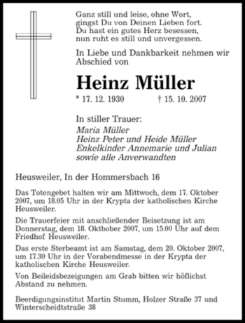 Todesanzeige von Heinz Müller von SAARBRÜCKER ZEITUNG