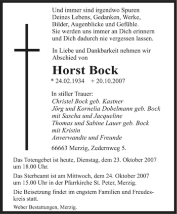 Todesanzeige von Horst Bock von SAARBRÜCKER ZEITUNG